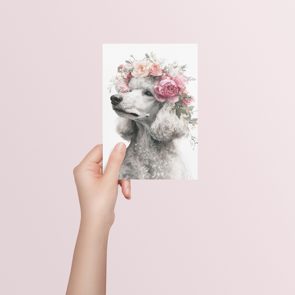 Watercolor Standard White Poodle with Flower Crown Wall Art Print, Unframed - Picture 5 of 7